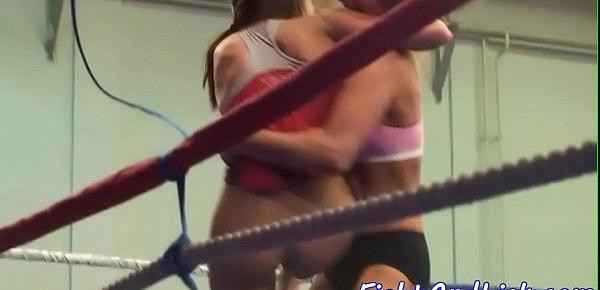  Busty lezzies wrestling in a boxing ring